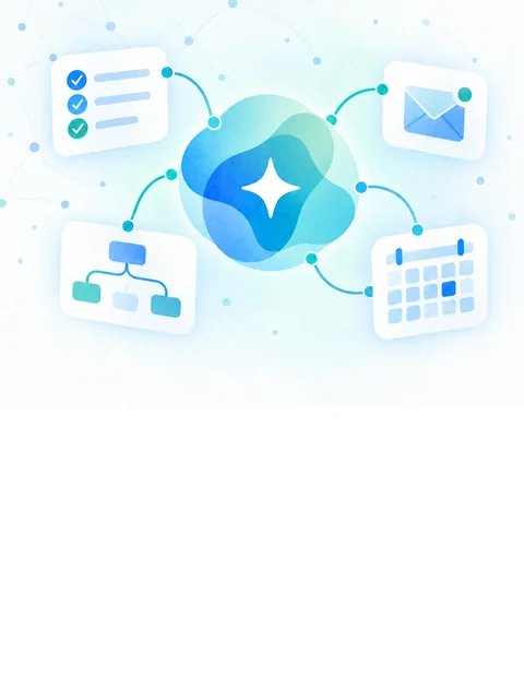 Watercolour illustration: a blue hub with a four-point sparkle, linked to checklist, email, flowchart and calendar cards
