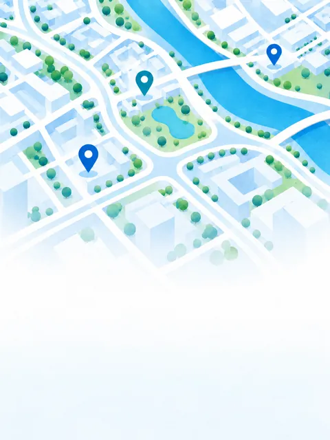 Watercolour illustration: a city map with blue location pins
