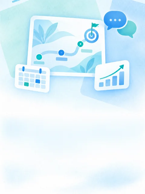 Watercolour illustration: a roadmap leading to a target flag, with a calendar, chat bubbles and a growth chart