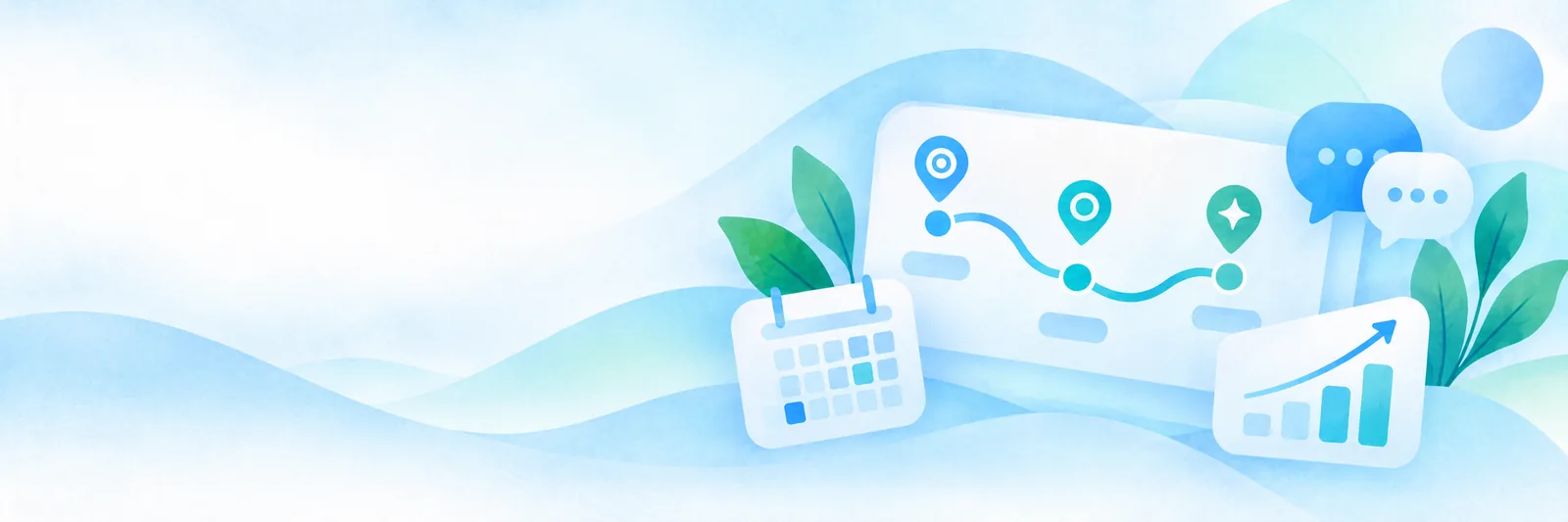 Watercolour illustration: a planning board with a route of map pins, a calendar, chat bubbles and a rising chart