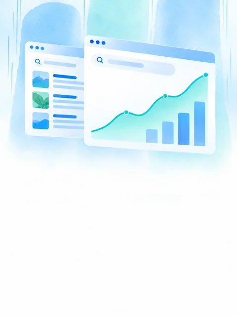 Watercolour illustration: a search results window and a rising chart