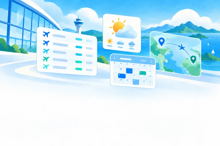 Watercolour illustration: an airport terminal with panels for a flight board, weather, an events calendar and a map