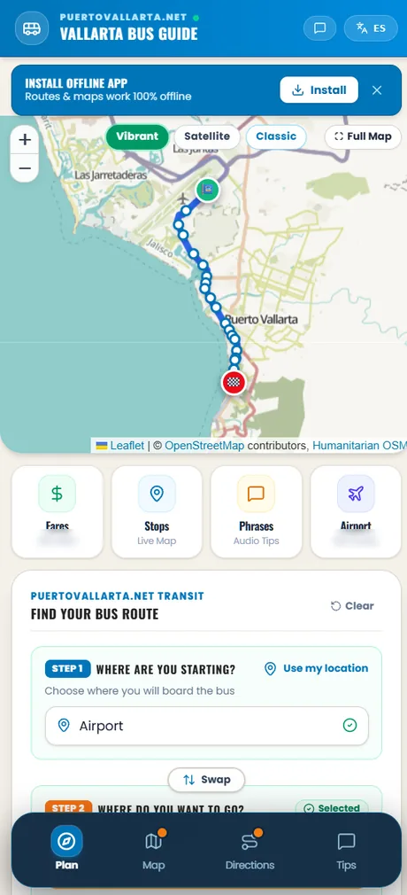 Phone screenshot of the Puerto Vallarta Bus Guide: map with a bus route, tiles for fares, stops, phrases and airport, and the route planner