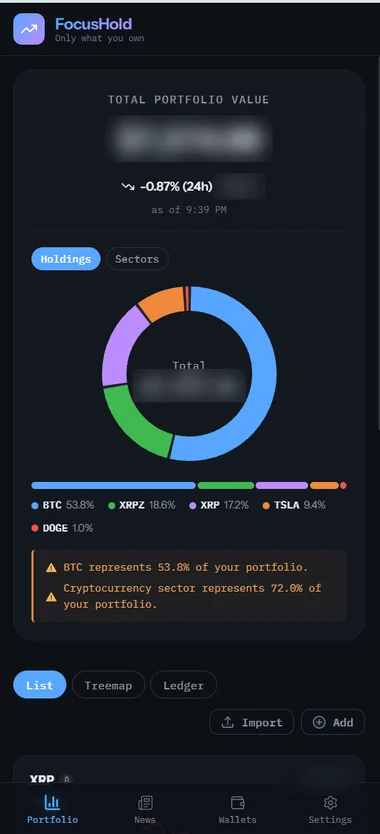 FocusHold screen: portfolio donut chart