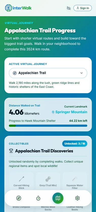 InterWalk screen: progress on a virtual Appalachian Trail journey