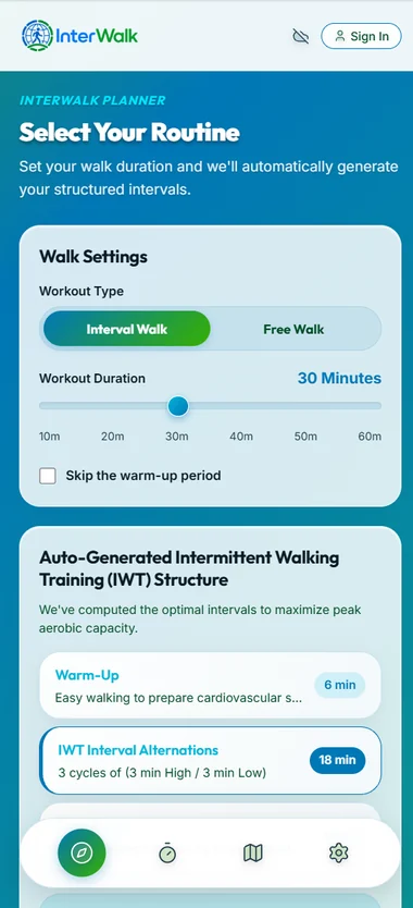 InterWalk screen: Select Your Routine, with walk settings and an interval plan