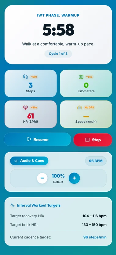 InterWalk screen: a warm-up timer with walk stats
