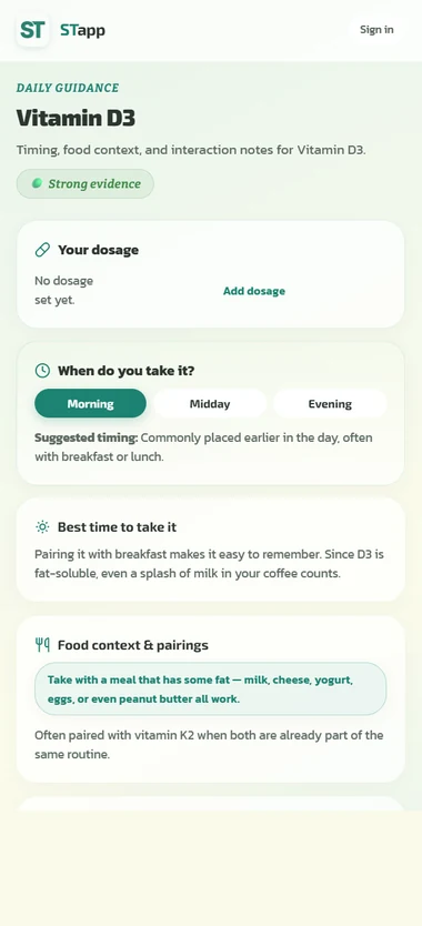 STapp screen: Vitamin D3 guidance, with dosage, timing and food pairings