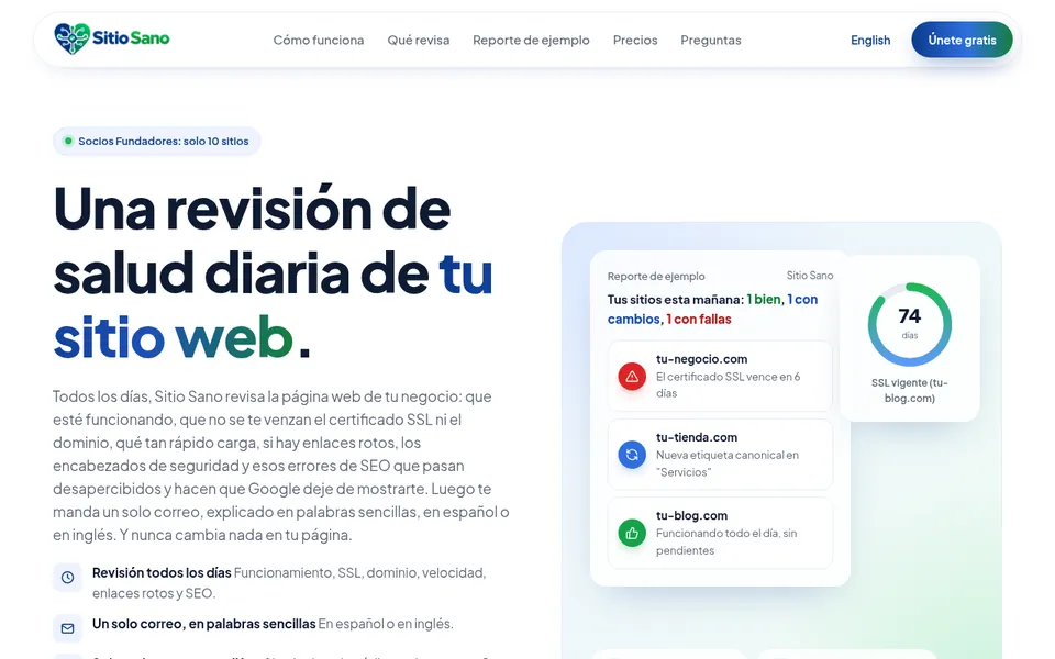 Captura de la página de inicio de sitiosano.com con un reporte de ejemplo