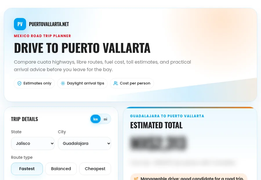 Screenshot of the Drive to Puerto Vallarta planner on PuertoVallarta.net