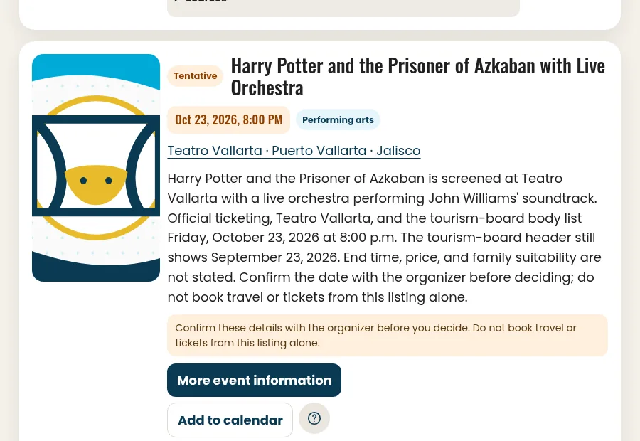 Screenshot of the Events calendar on PuertoVallarta.net
