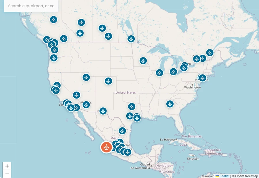 Screenshot of the Nonstop flights map on PuertoVallarta.net